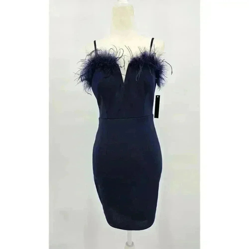 Xtraordinary Junior's Size 5 Midnight Blue Bodycon Dress with Feather Trim NWT